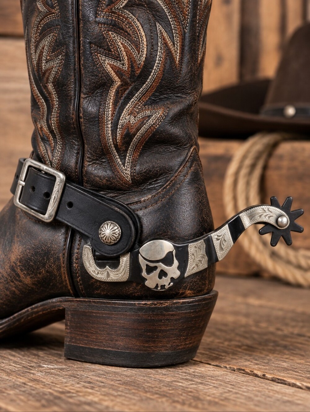 Leather Western Boot Spurs With Strap - Skull Accent